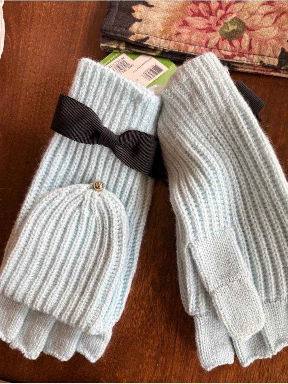 Kids Light Blue Convertible Mittens with Bow